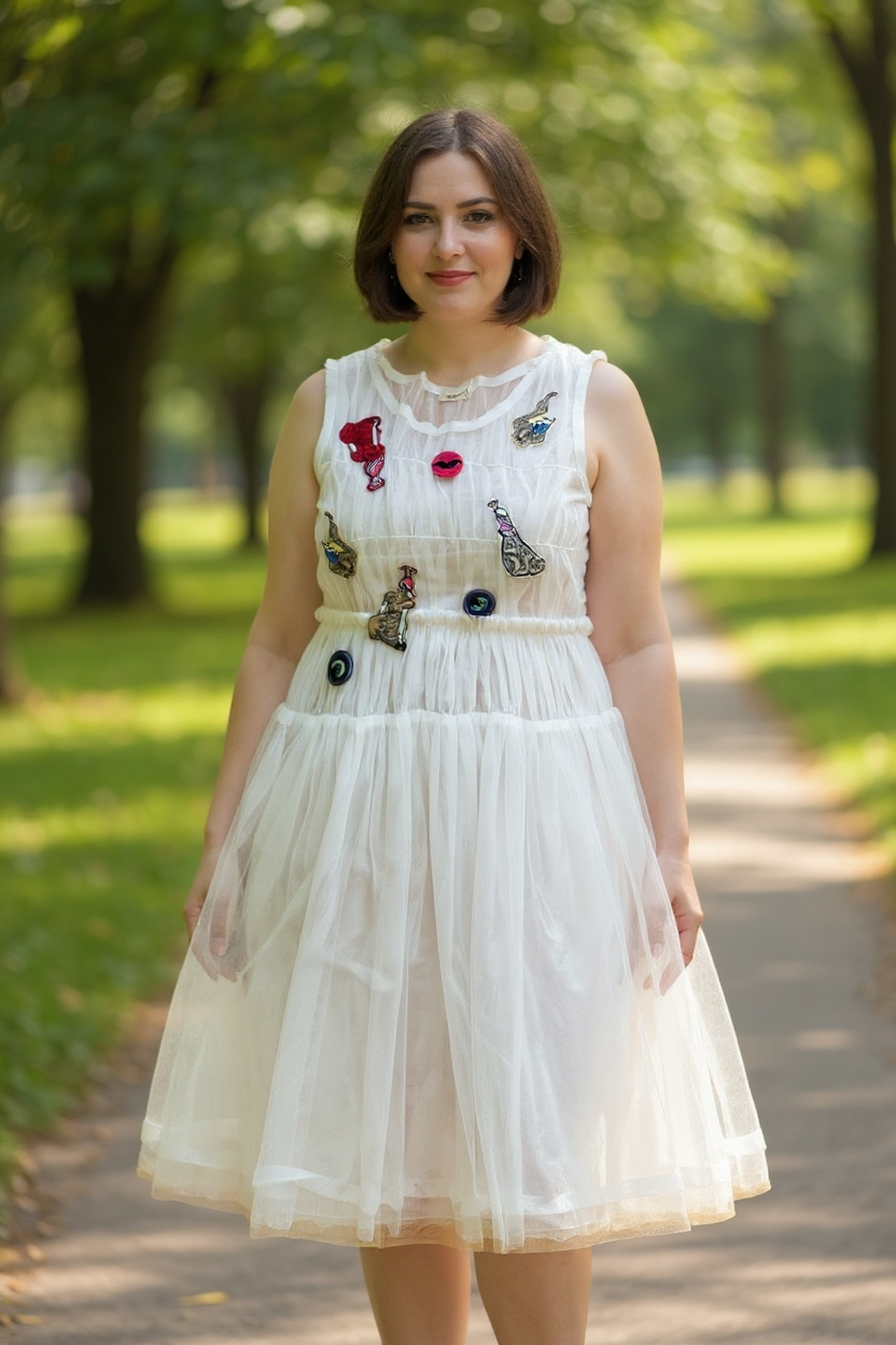 Vintage White Tulle Dress with Decorative Brooches