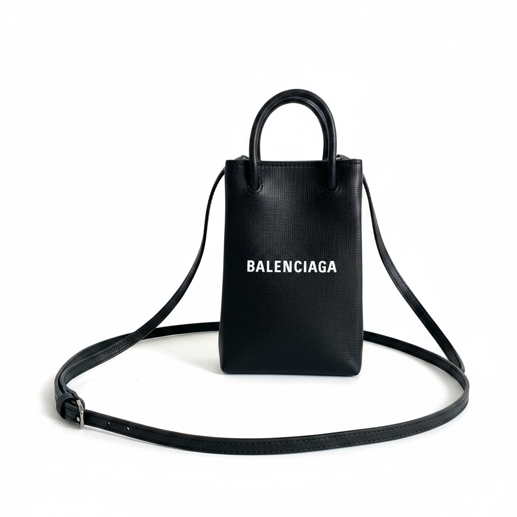 Balenciaga Shopping Phone Holder Bag – Black Textured Leather