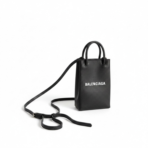 Balenciaga Shopping Phone Holder Bag – Black Textured Leather