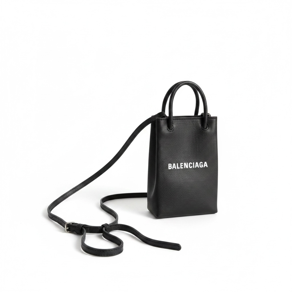 Balenciaga Shopping Phone Holder Bag – Black Textured Leather