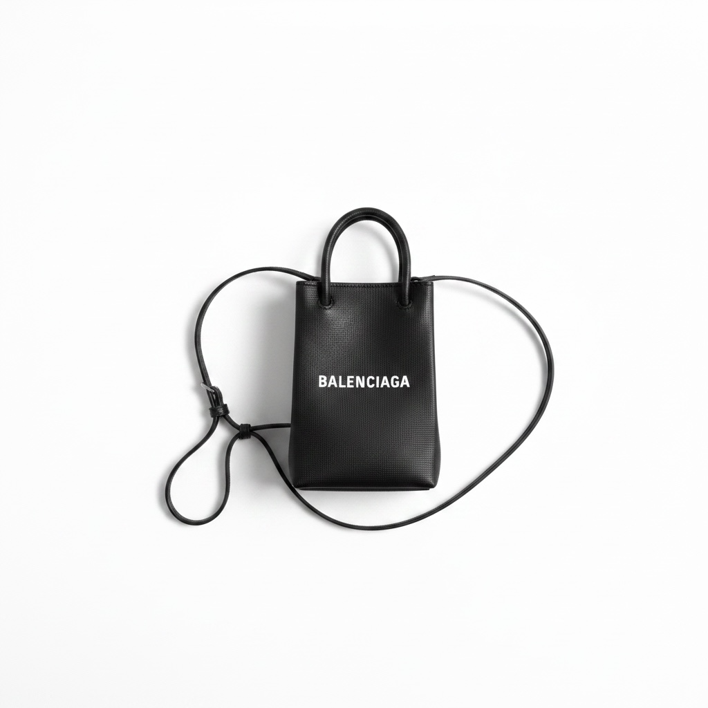 Balenciaga Shopping Phone Holder Bag – Black Textured Leather