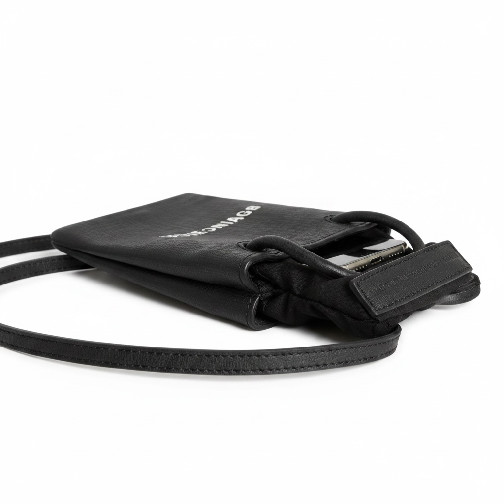 Balenciaga Shopping Phone Holder Bag – Black Textured Leather