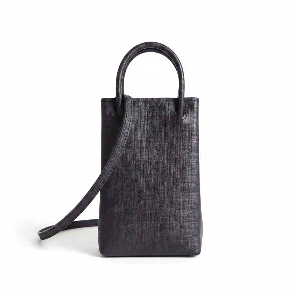 Balenciaga Shopping Phone Holder Bag – Black Textured Leather