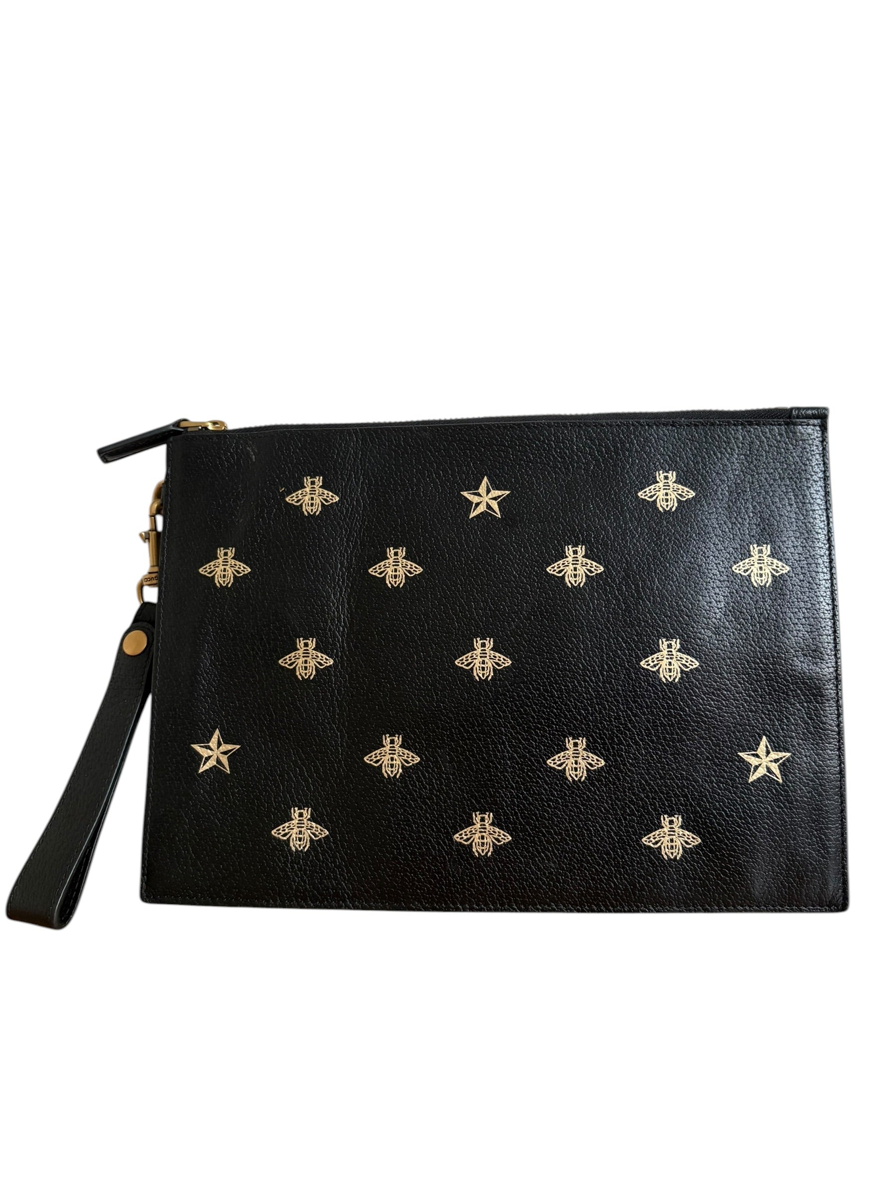 Gucci Bee & Star Embossed Leather Wristlet Clutch — Black