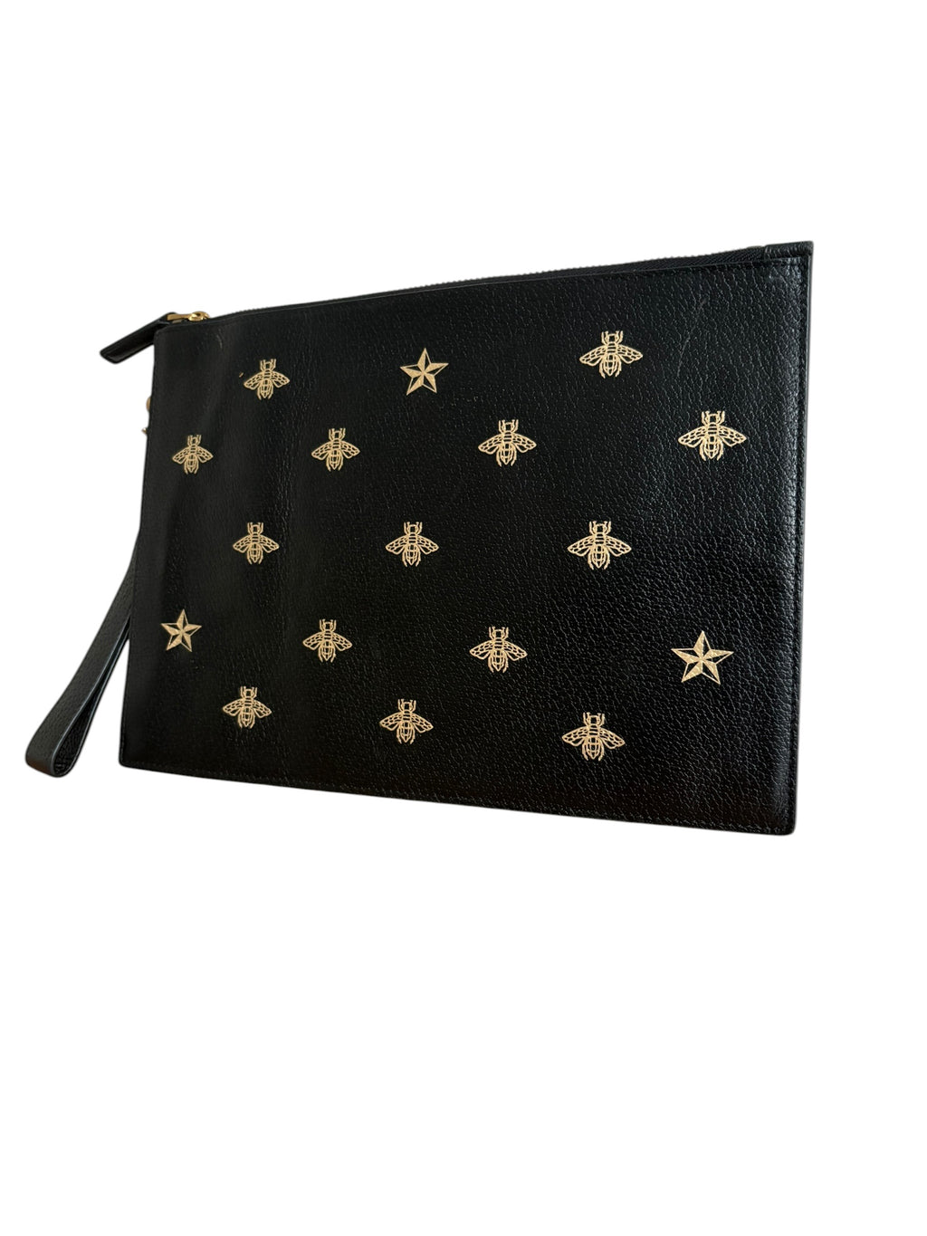 Gucci Bee & Star Embossed Leather Wristlet Clutch — Black