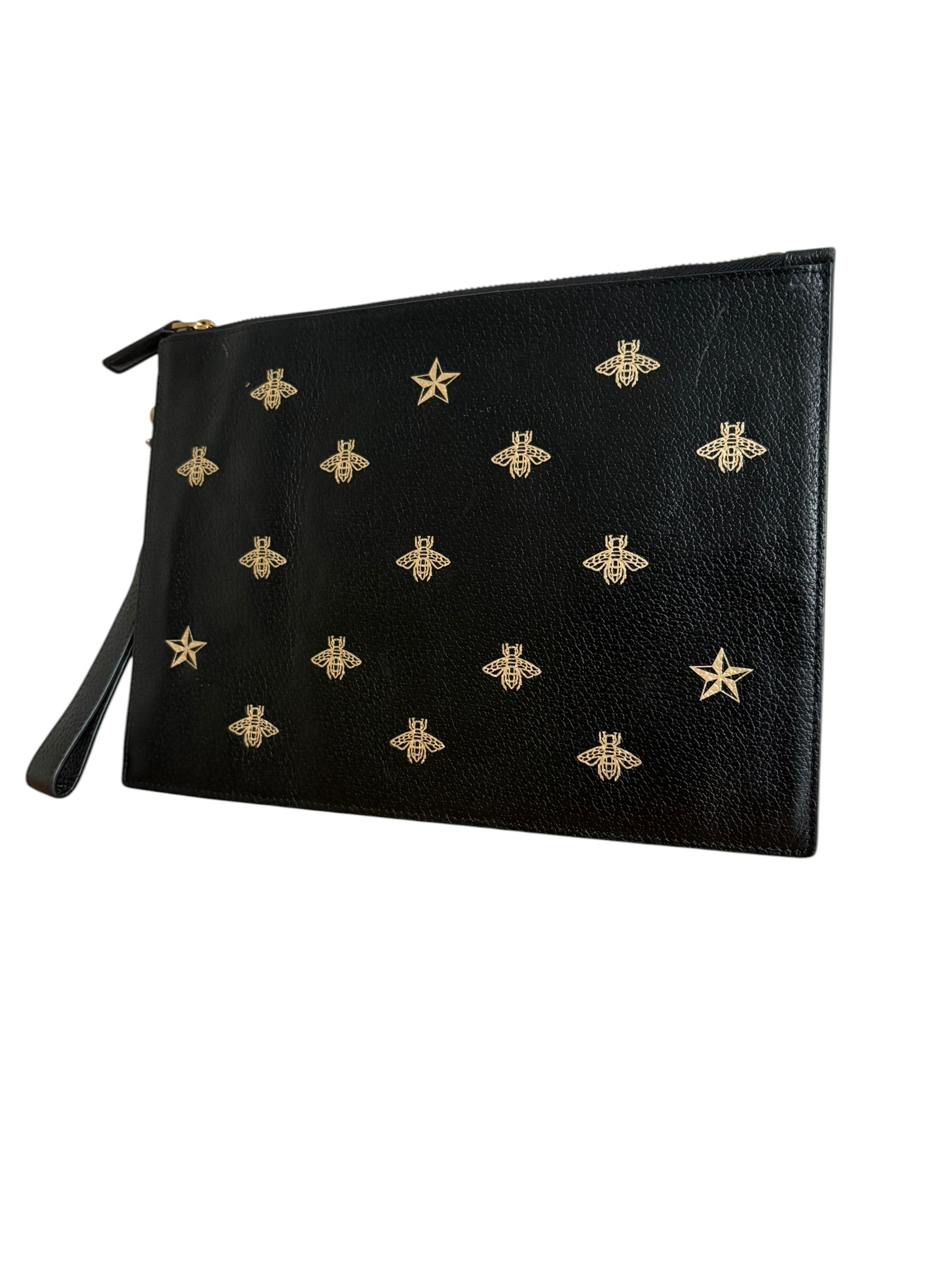 Gucci Bee & Star Embossed Leather Wristlet Clutch — Black