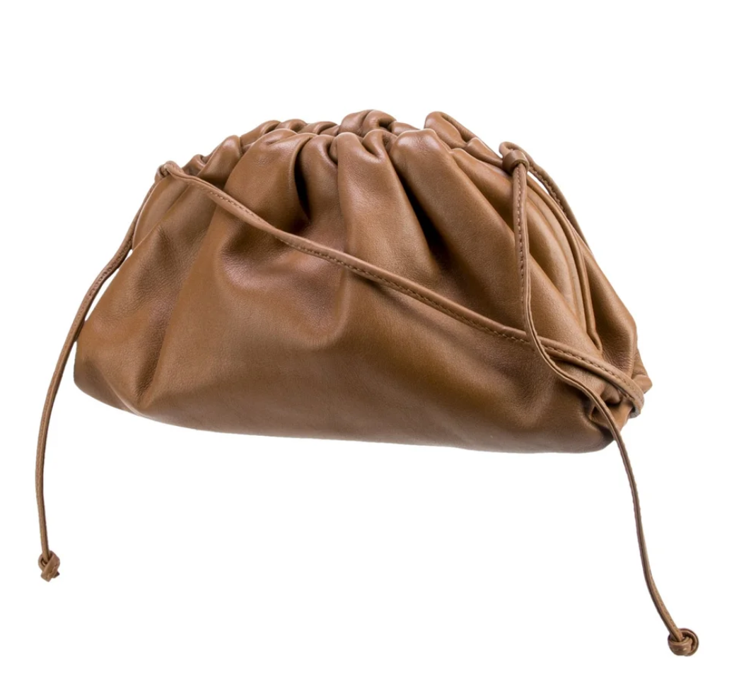 Bottega Veneta Vintage Leather Drawstring Clutch — Camel