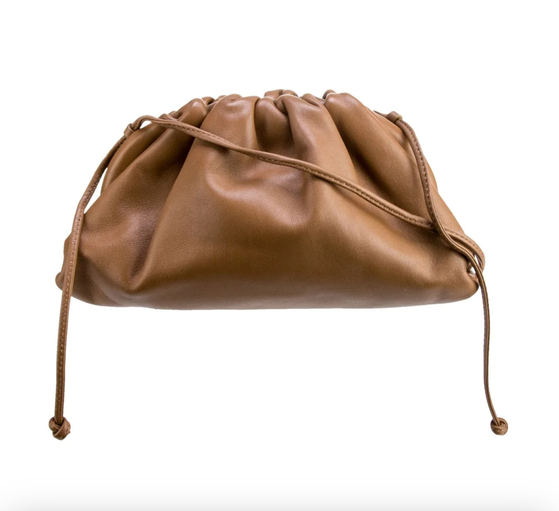 Bottega Veneta Vintage Leather Drawstring Clutch — Camel