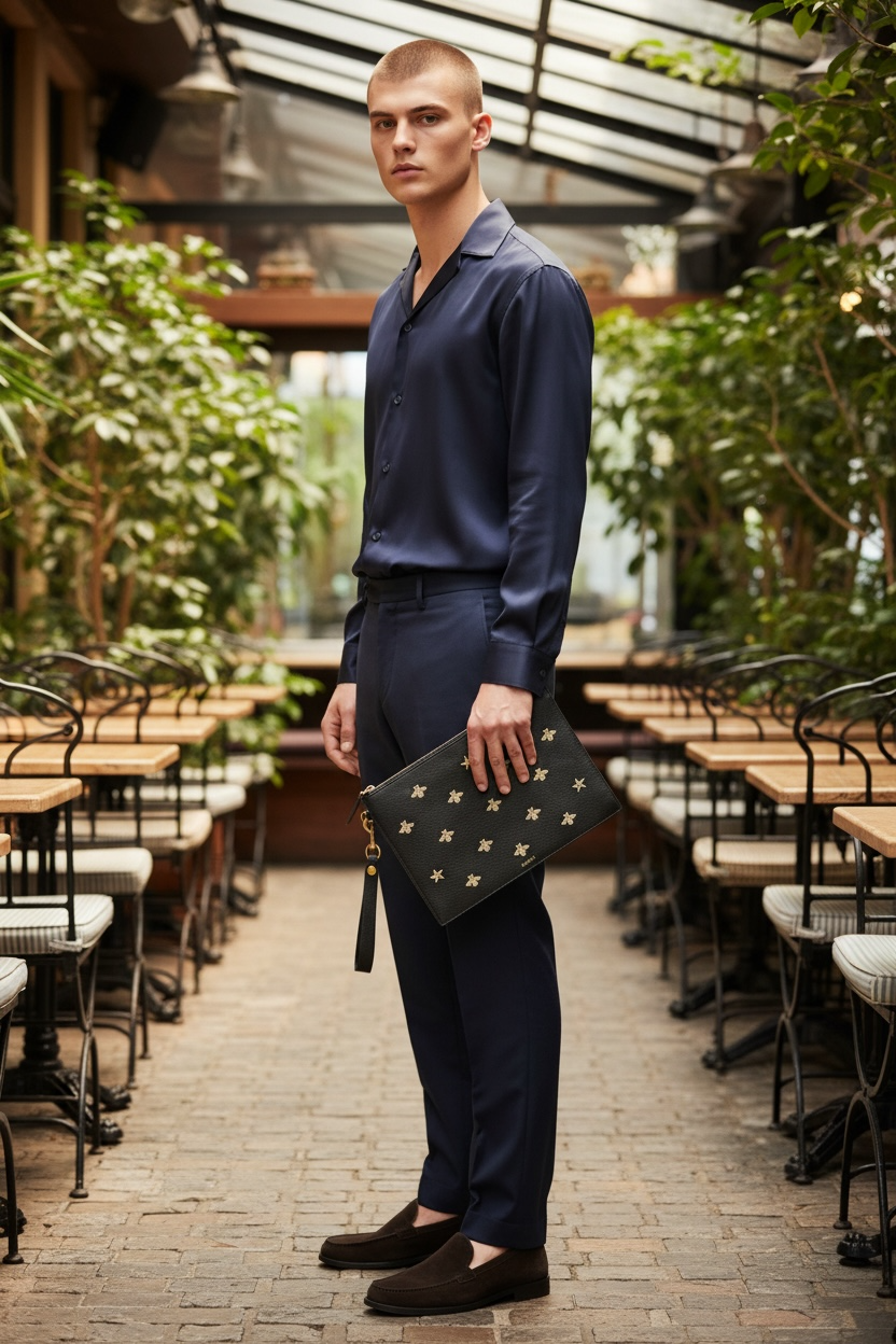 Gucci Bee & Star Embossed Leather Wristlet Clutch — Black