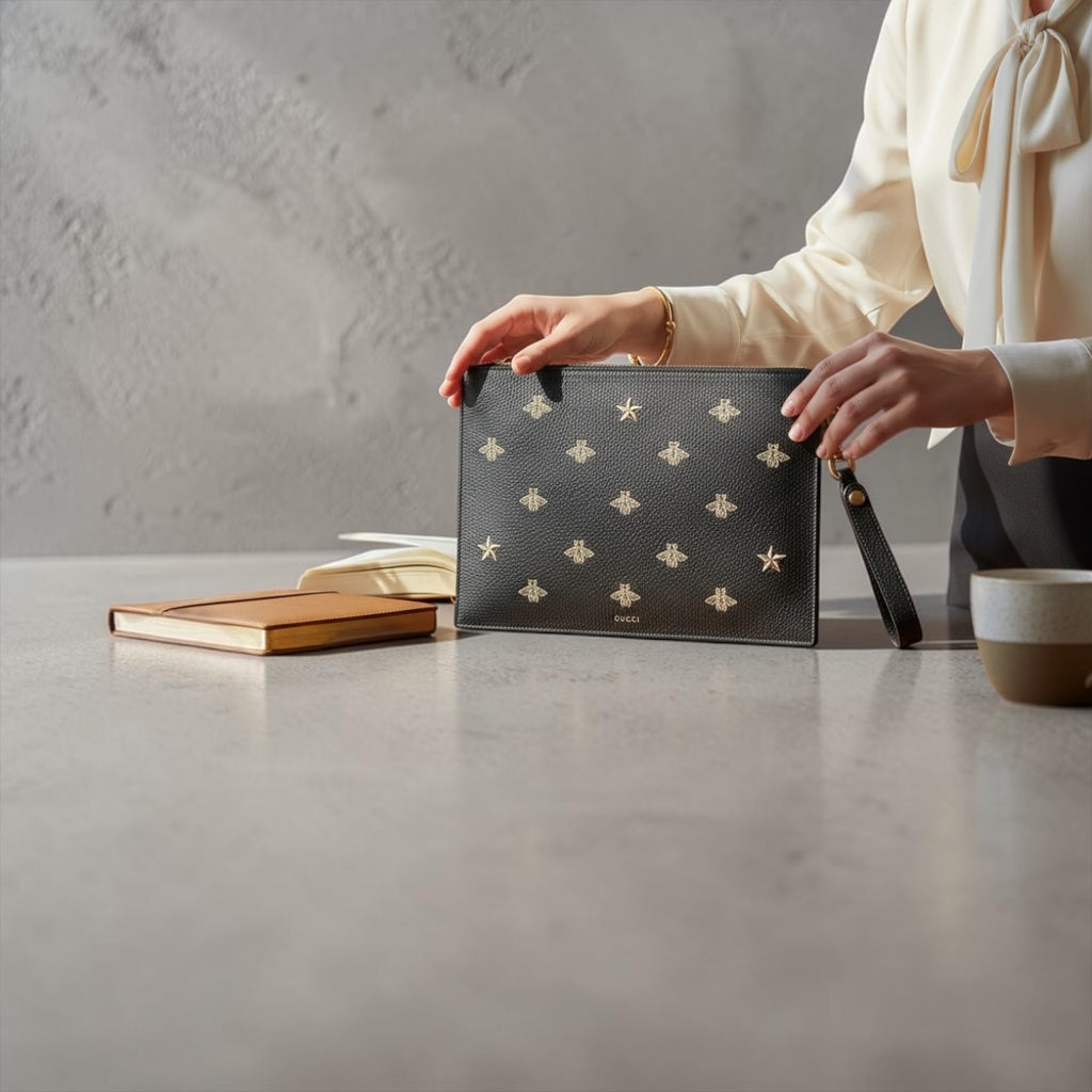 Gucci Bee & Star Embossed Leather Wristlet Clutch — Black