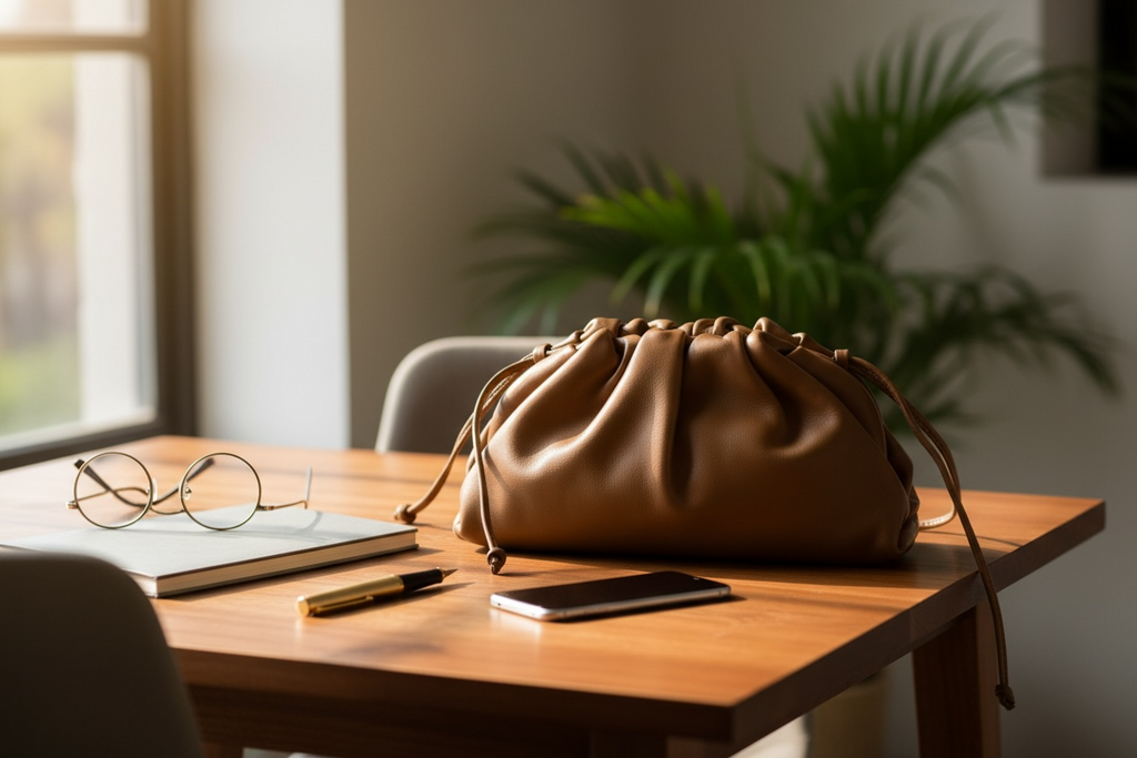Bottega Veneta Vintage Leather Drawstring Clutch — Camel