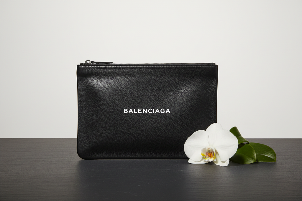 Elegant front view of Balenciaga Everyday clutch in black leather with white logo print