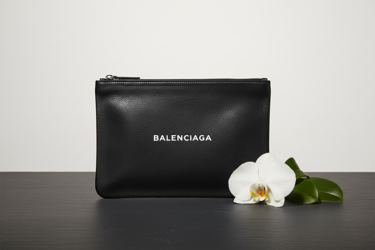 Elegant front view of Balenciaga Everyday clutch in black leather with white logo print