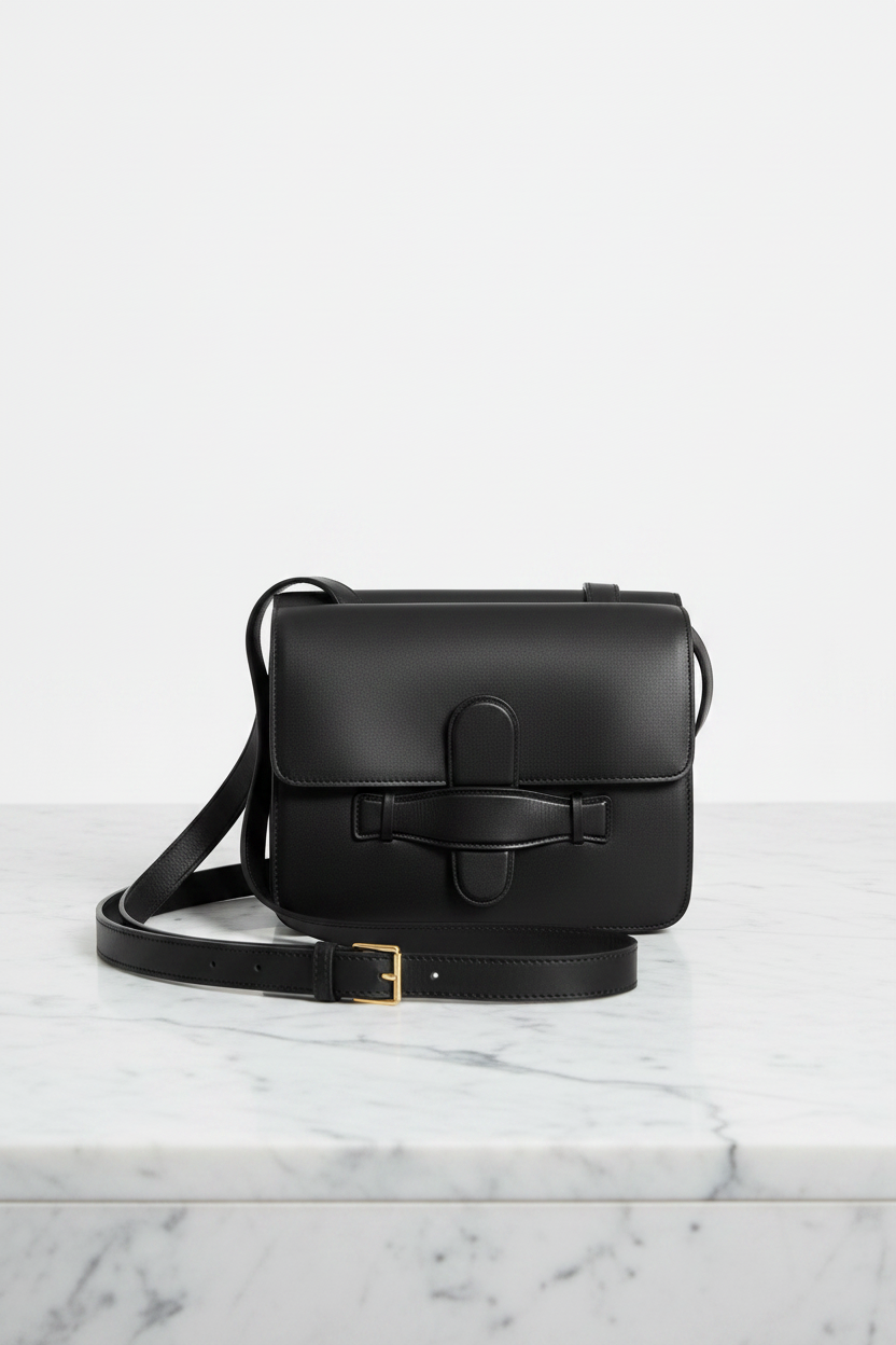 Elegant front view of Céline black structured leather crossbody bag with tab closure and gold buckle
