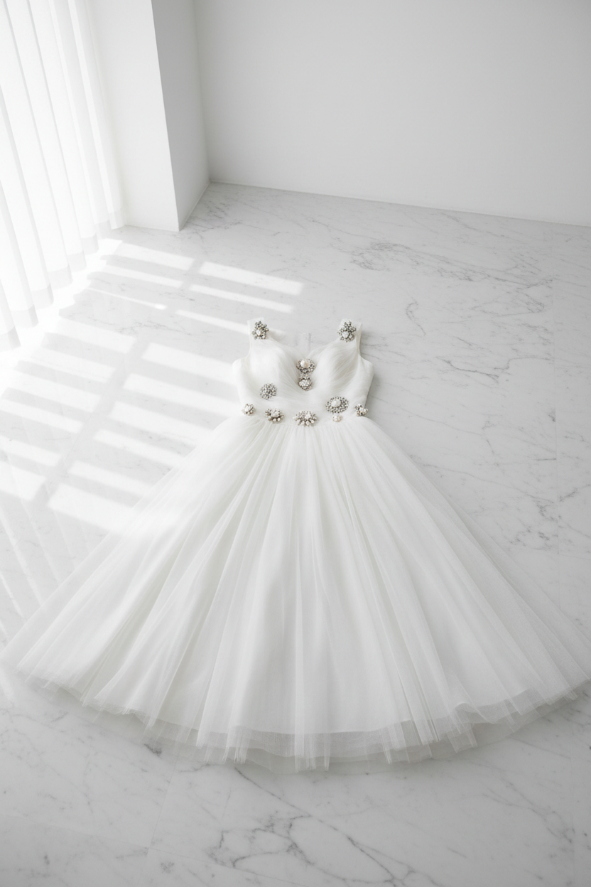 Elegant editorial photo of vintage white tulle dress with decorative brooches