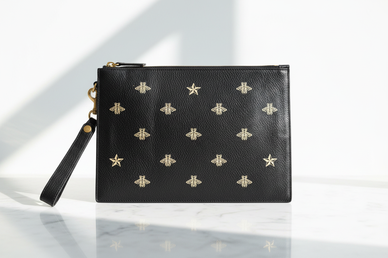 Elegant bright editorial view of Gucci black leather wristlet clutch with gold embossed bee and star motifs on white marble